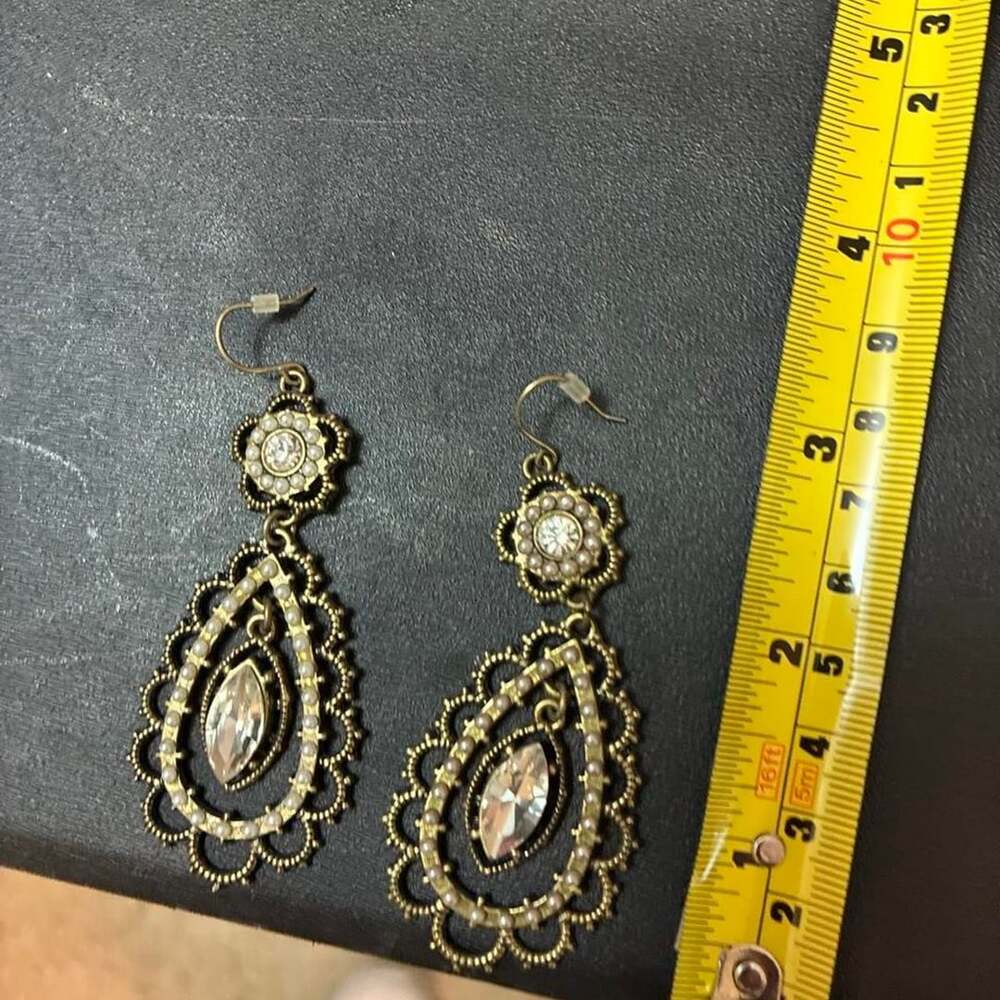 Boho Gold-Tone Filigree Teardrop Dangle Earrings with Rhinestones
